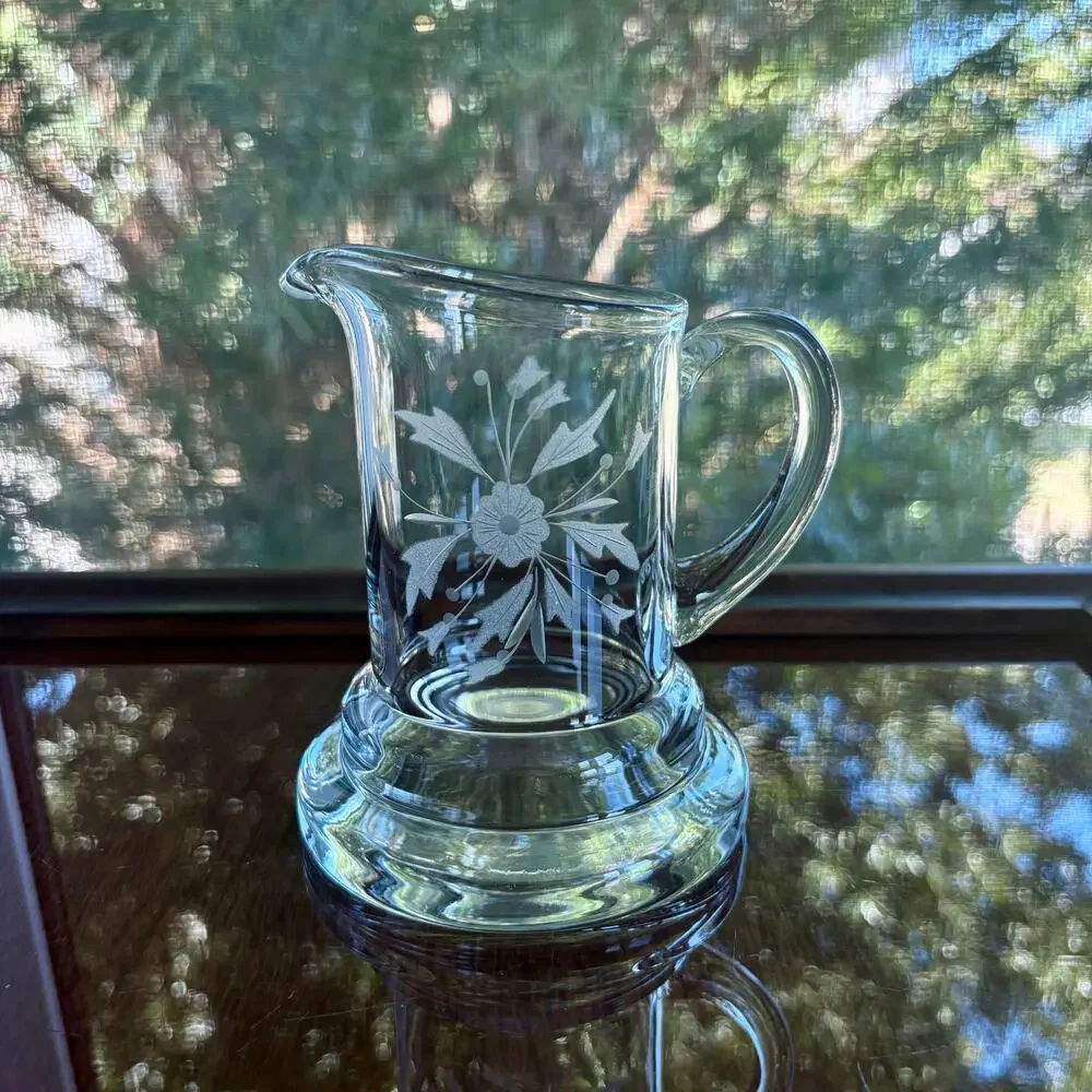 Vintage Etched Glass Creamer Pitcher Floral Clear Glass Cream Server